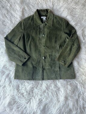 Olive Green Suede Button-Front Shirt Jacket